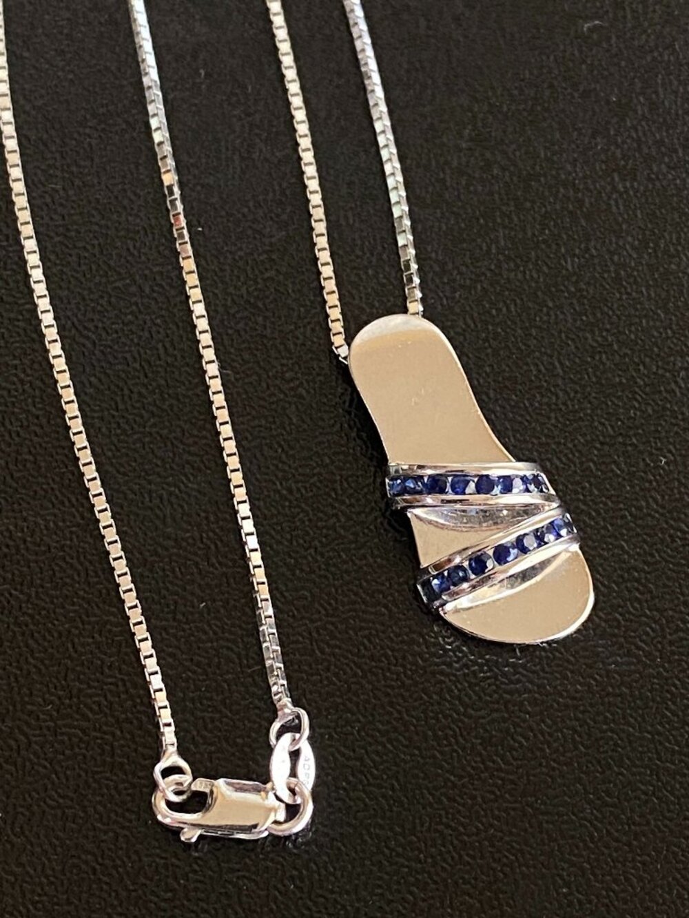 14K White Gold Blue Sapphire Slide Sandal Pendant Necklace